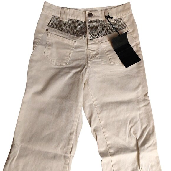 John Richmond RICH Rhinestone Studded Wide Leg White Denim Jeans Sz 42 - Picture 2 of 16